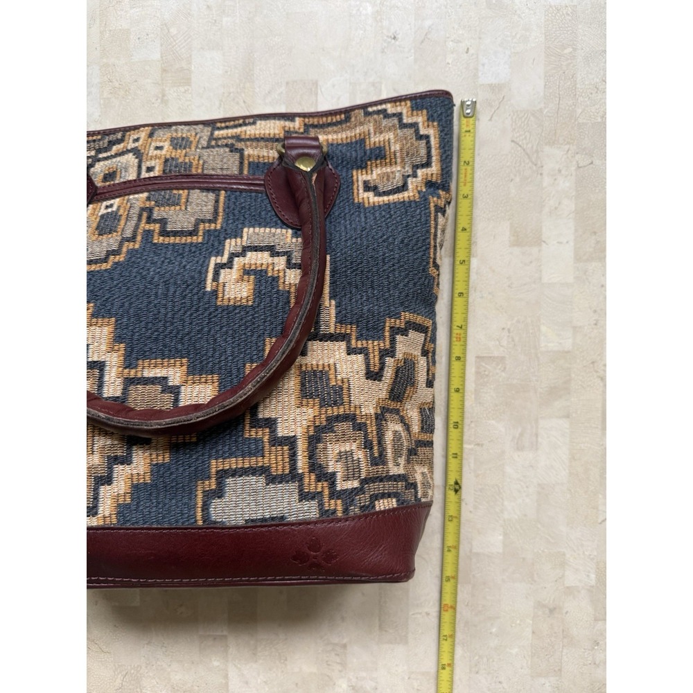 Patricia Nash Peruvian Tapestry Sungaro Tote Blue Tan Leather Brass Boho Tribal - Picture 4 of 16